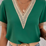 Women's Crochet Trim V-Neck Blouse - Casual Wear