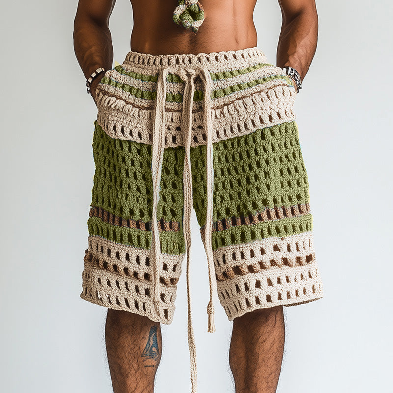 Men's Crochet Shorts Drawstring Striped - Beach Wear
