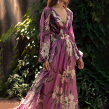 Women's Floral Maxi Dress V-Neck Long Sleeve - Special Occasions
