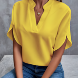 Women's Flutter Sleeve Split Neck Blouse - Office Wear