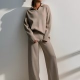 Women's Knit Polo Top And Wide Leg Pants Set - Casual Loungewear