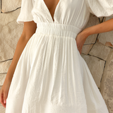 Women's V Neck Puff Sleeve Mini Dress - Party Wear