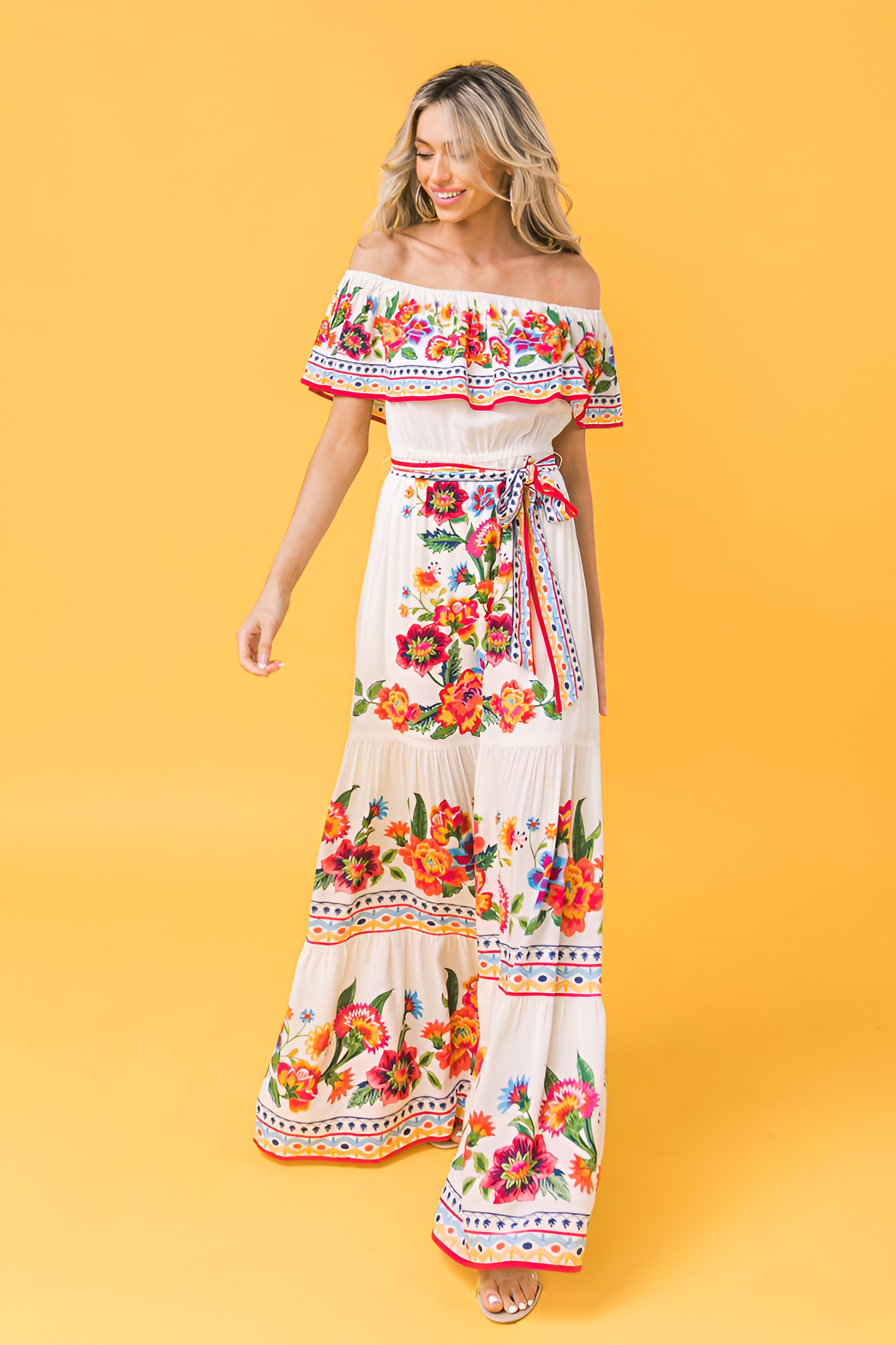 Women's Off-Shoulder Floral Maxi Dress - Festive Summer Wear