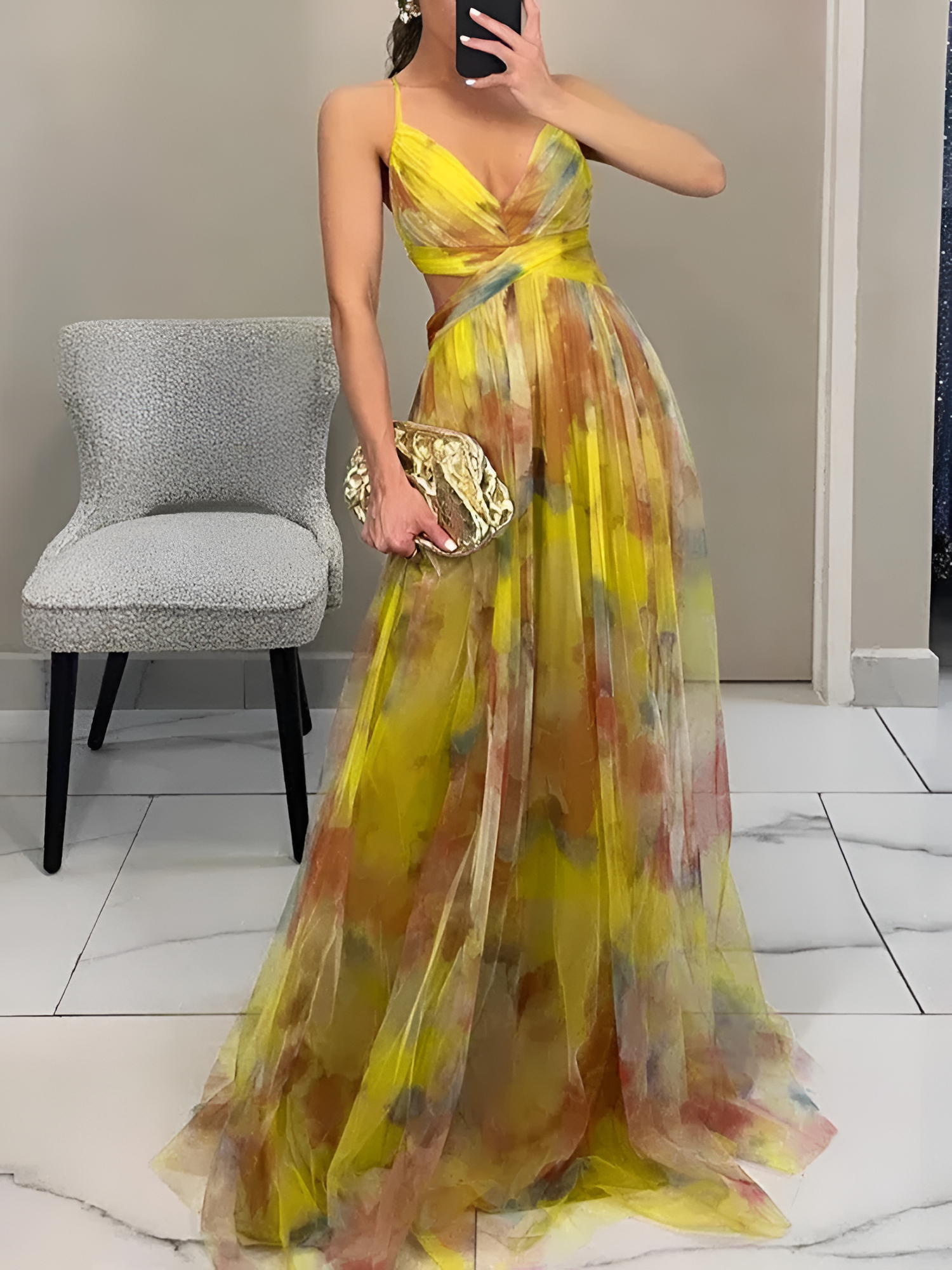 Women's Floral Print Cutout Maxi Dress - Evening Gala