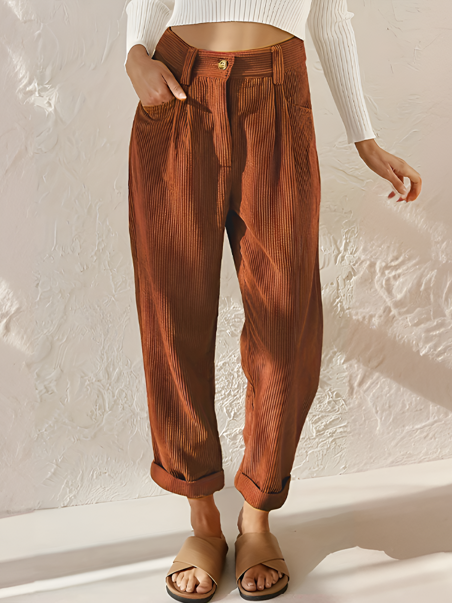 Women's High-Waisted Pleated Corduroy Trousers - Casual Daily Wear