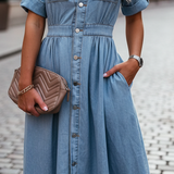 Women's Button-Down Midi Dress Smocked Waist - Casual Outing