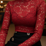 Women's Lace Blouse Long Sleeve High Neck - Evening Wear