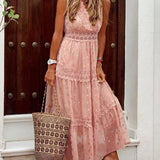 Women's Sleeveless Maxi Dress Lace Detail Flowing Fit - Casual Wear