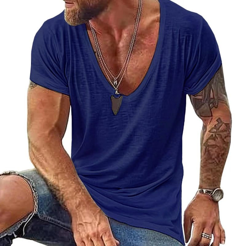 Men's Deep V-Neck T-Shirt Slub Texture Short Sleeve - Casual Wear
