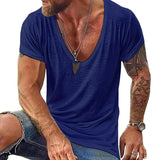 Men's Deep V-Neck T-Shirt Slub Texture Short Sleeve - Casual Wear