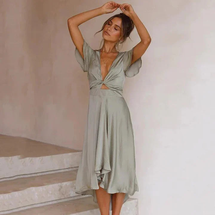 Women's Midi Dress Twist Front Flutter Sleeve - Special Occasion