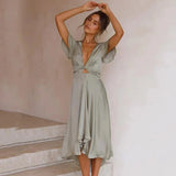Women's Midi Dress Twist Front Flutter Sleeve - Special Occasion