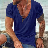 Men's Deep V-Neck T-Shirt Slub Texture Short Sleeve - Casual Wear