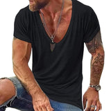 Men's Deep V-Neck T-Shirt Slub Texture Short Sleeve - Casual Wear