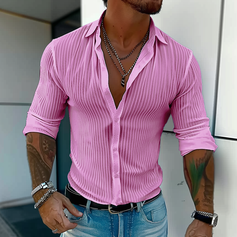 Men's Button Down Shirt Vertical Ribbed Slim Fit - Vacation Wear