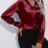 Women's Button Down Blouse Glossy Long Sleeve - Evening Wear