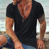 Men's Deep V-Neck T-Shirt Slub Texture Short Sleeve - Casual Wear