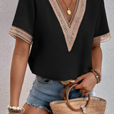 Women's Crochet Trim V-Neck Blouse - Casual Wear