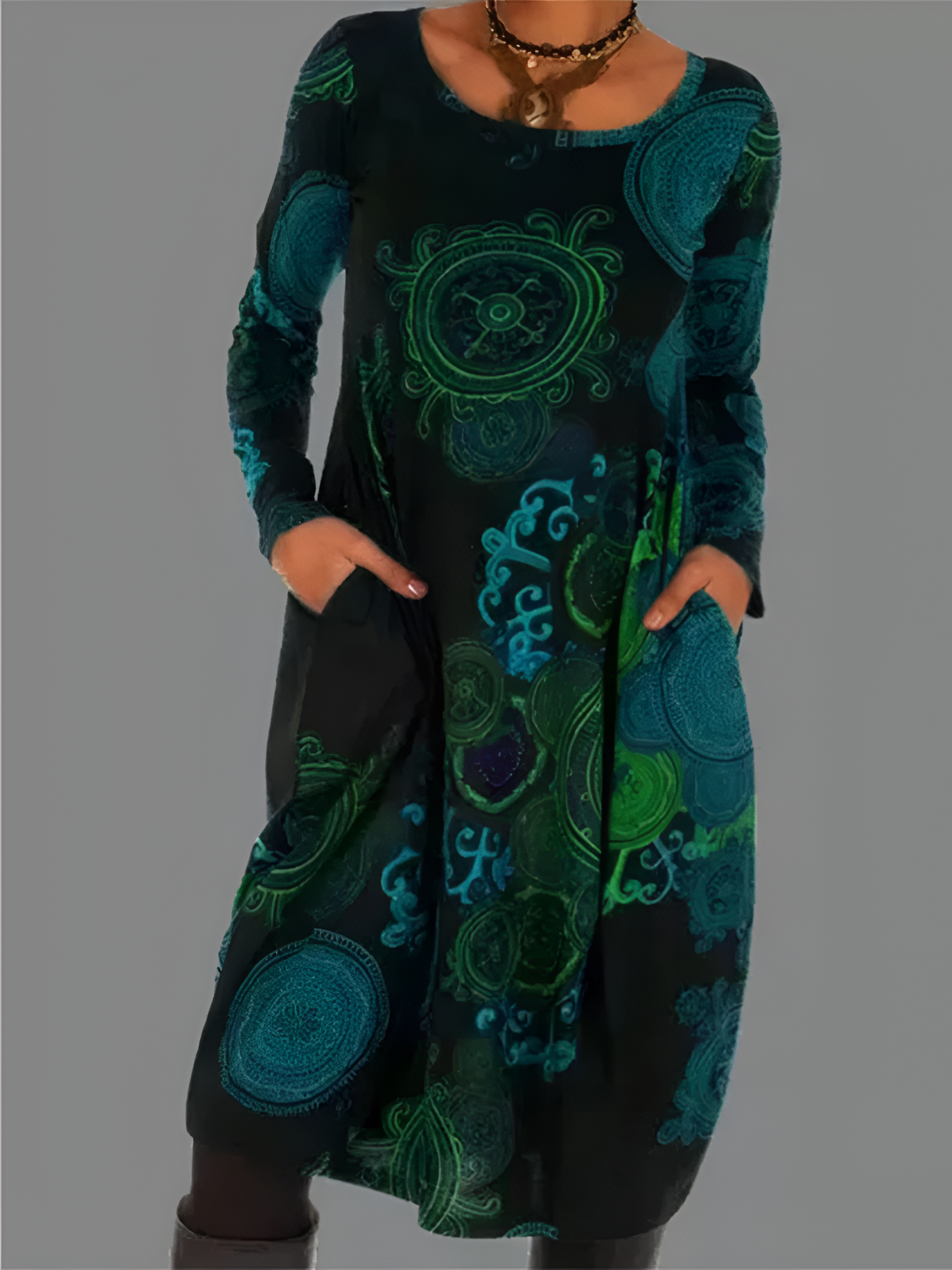 Women's Mandala Print Midi Dress - Casual Wear