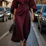 Women's Bell Sleeve Belted Wrap Dress - Professional Evening Wear