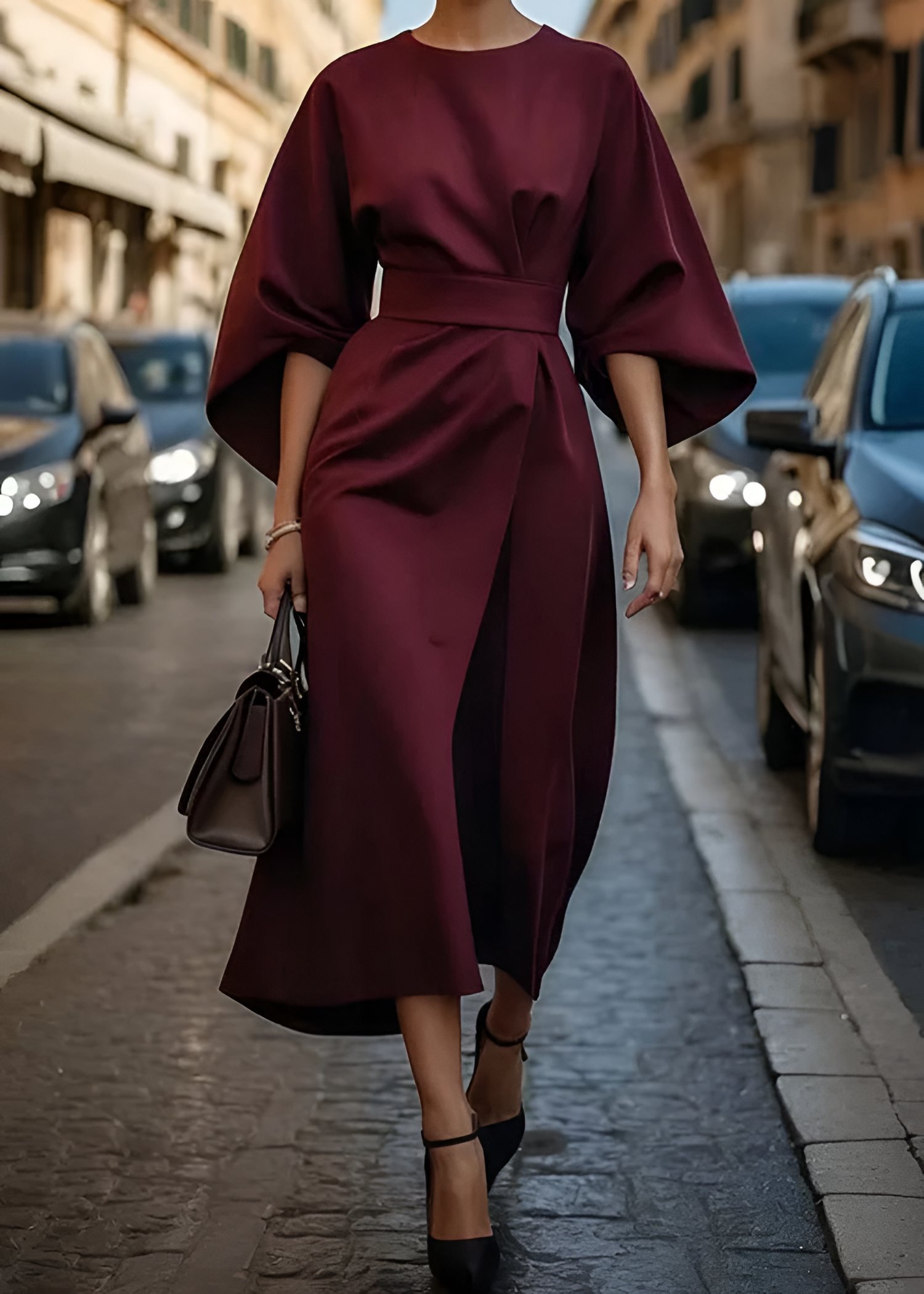 Women's Bell Sleeve Belted Wrap Dress - Professional Evening Wear
