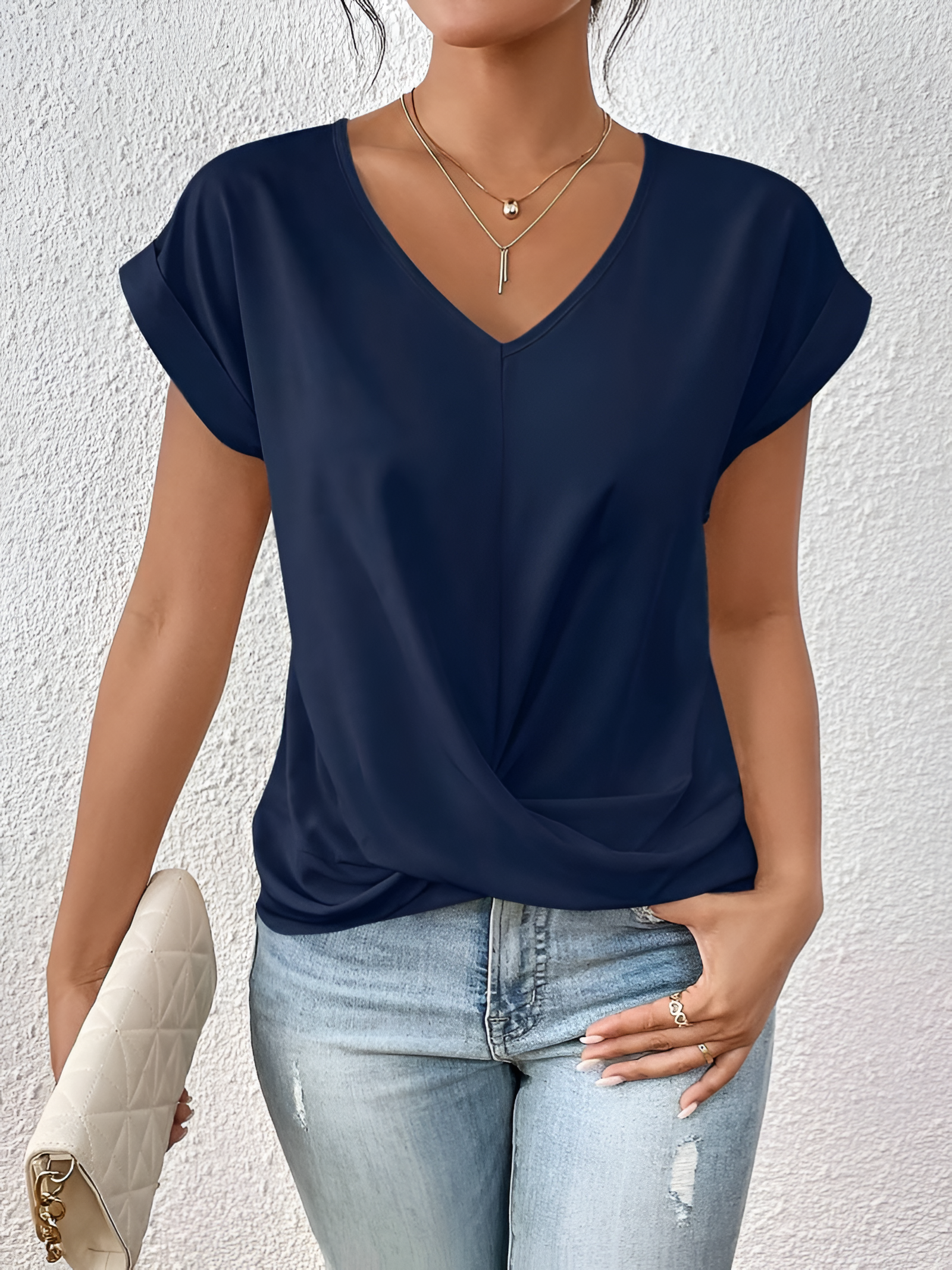 Women's V-Neck Twisted Hem T-Shirt - Casual Daily Wear