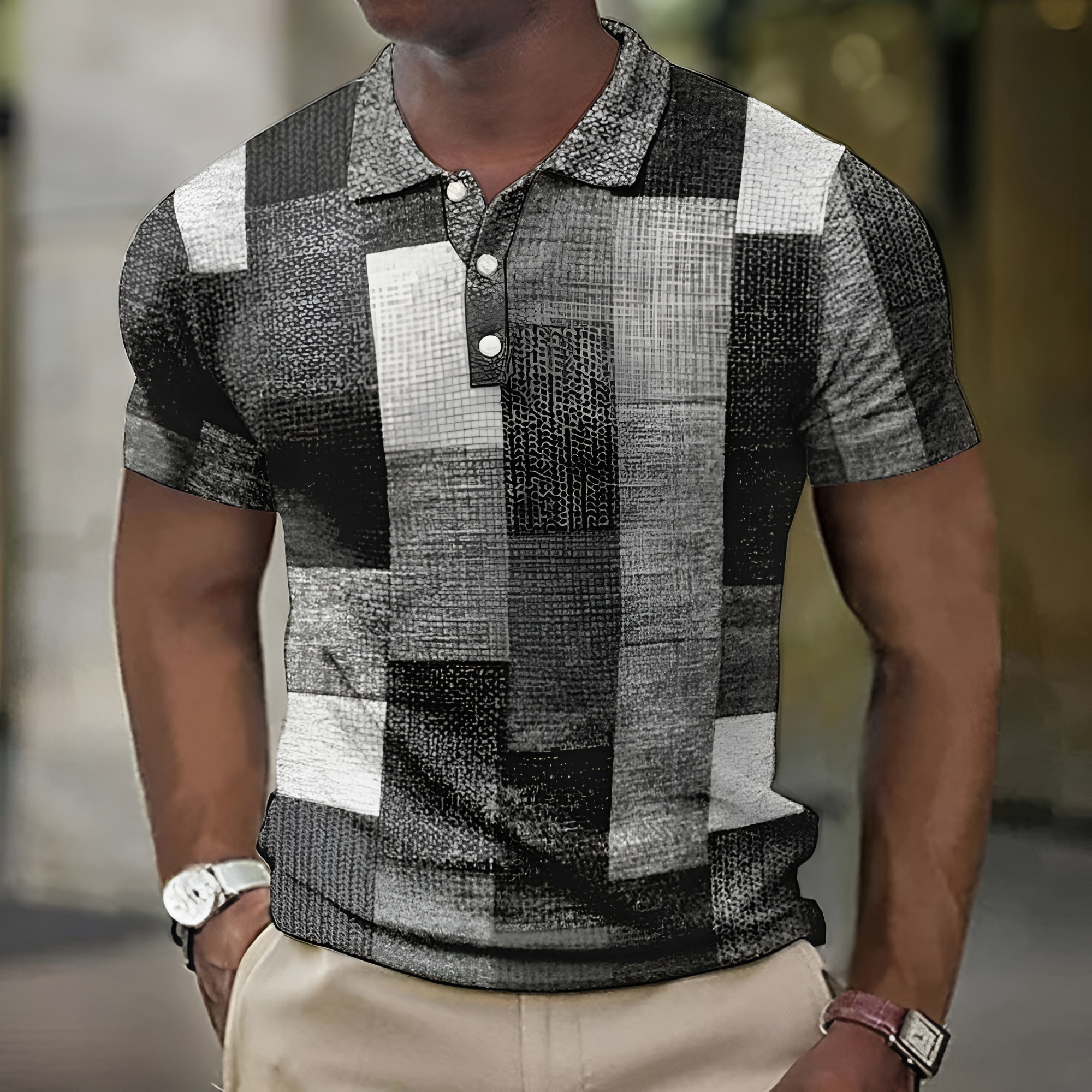 Men's Patchwork Print Polo Shirt - Casual Wear