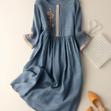 Women's Embroidered A-Line Midi Dress - Casual Outing