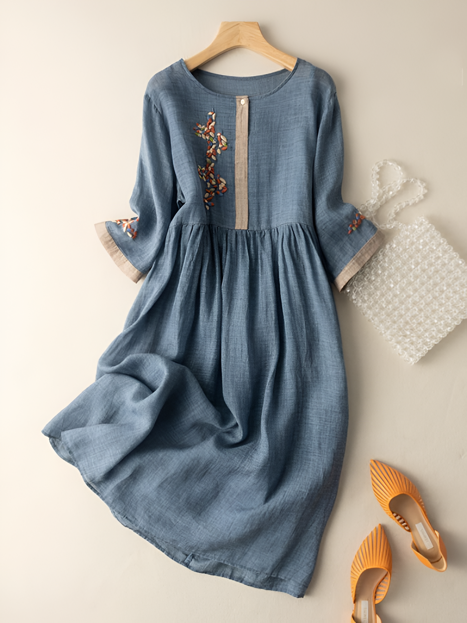 Women's Embroidered A-Line Midi Dress - Casual Outing
