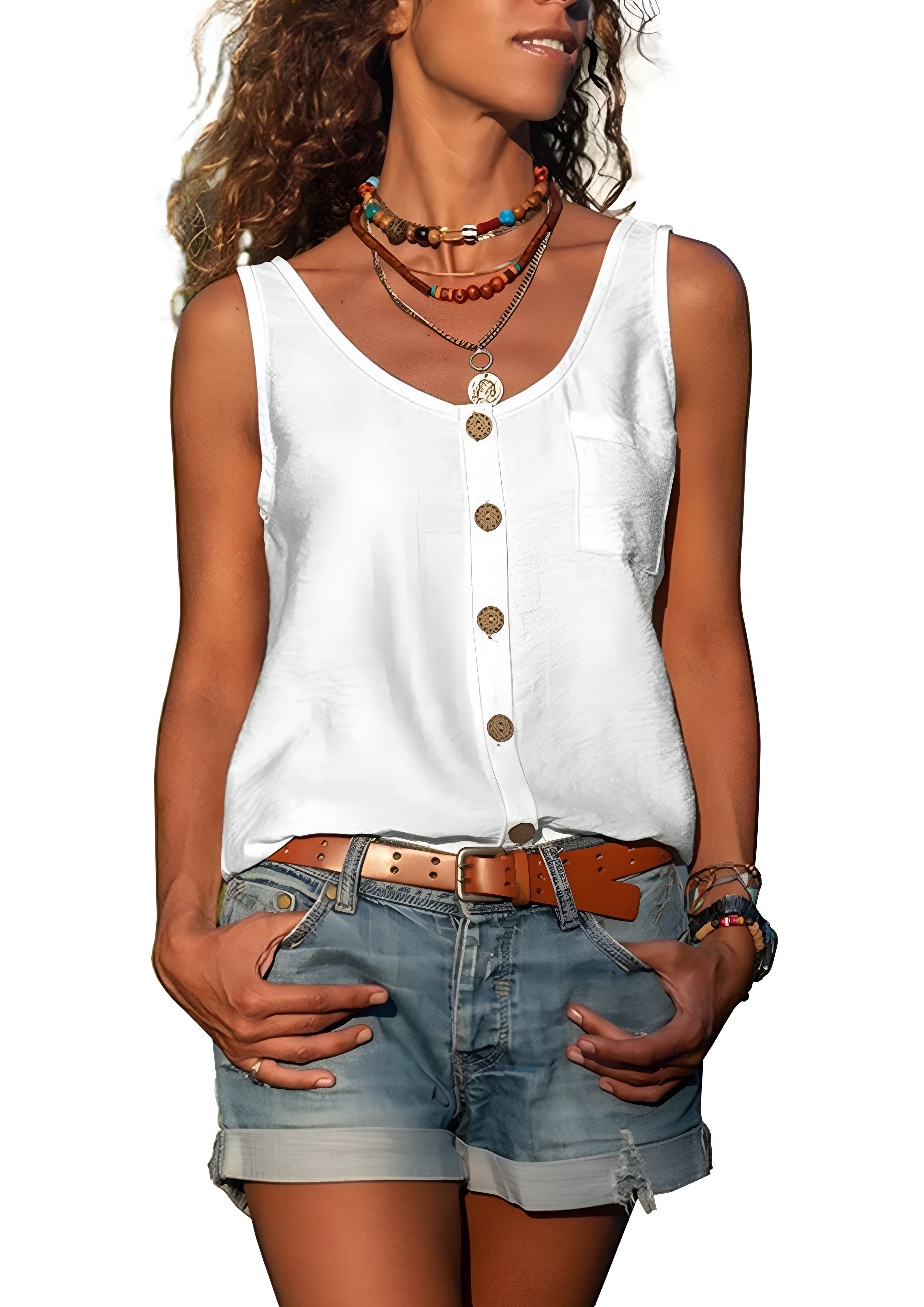 Women's Button Front Sleeveless Top - Summer Casual Wear
