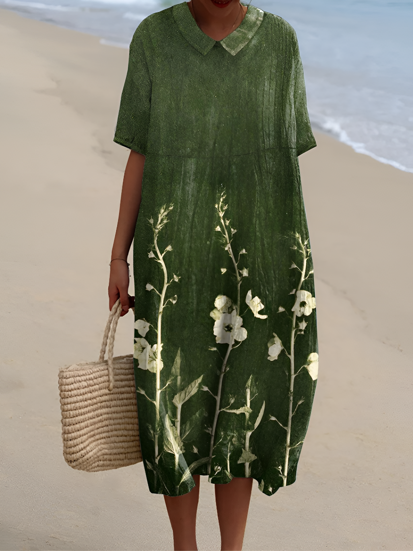 Women's Floral Print V Neck Midi Dress - Beach Vacation