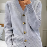Women's V Neck Gold Heart Button Cardigan - Casual Chic
