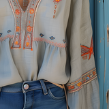 Women's Embroidered V-Neck Boho Blouse - Casual Outing