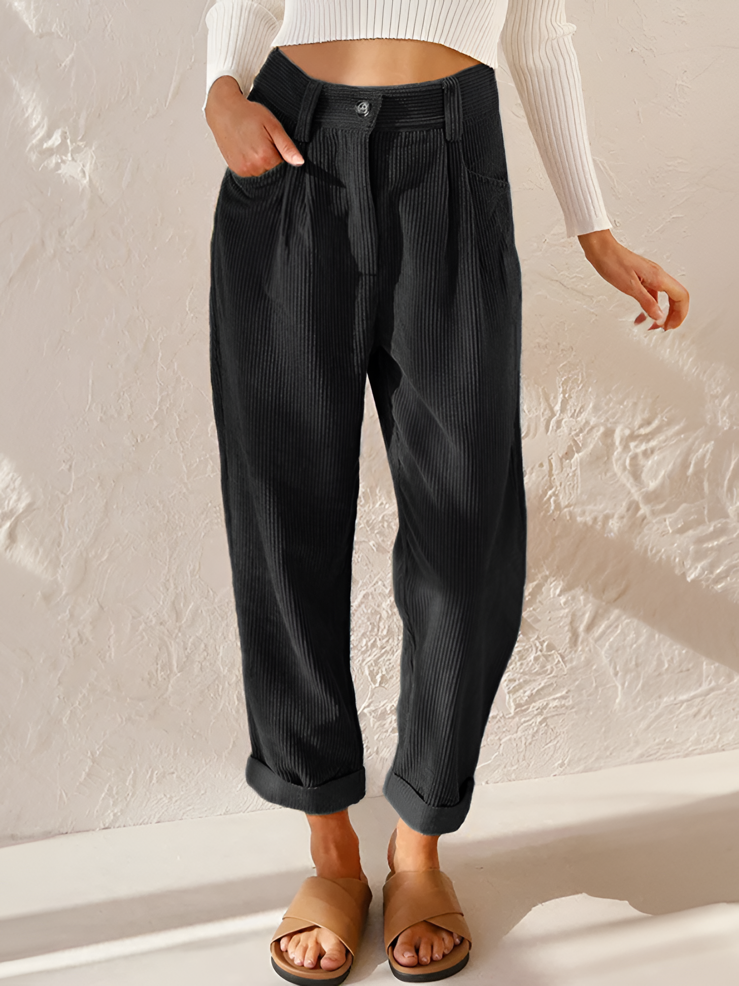 Women's High-Waisted Pleated Corduroy Trousers - Casual Daily Wear