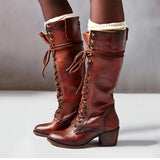 Women’s Lace-Up Knee High Boots - Sturdy Block Heel Fashion Wear