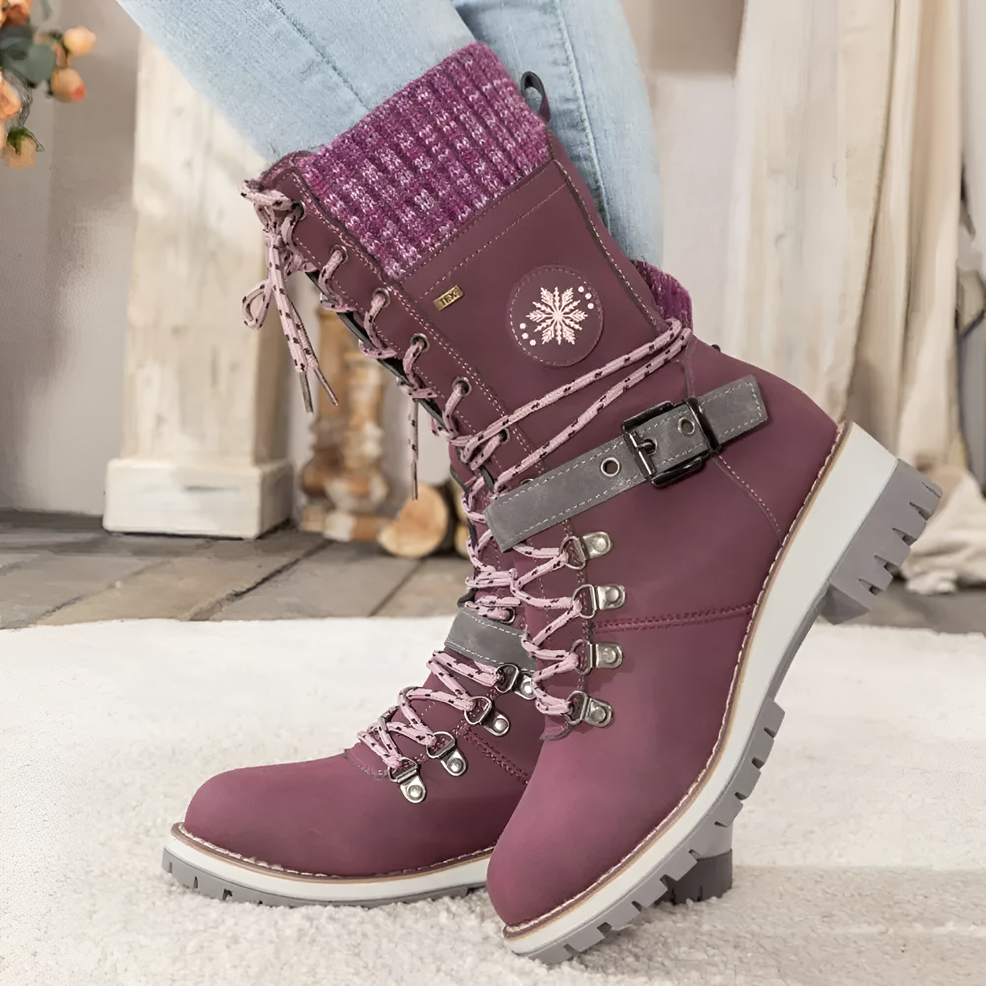 Women's Lace Up Buckle Mid Calf Boots - Winter Casual