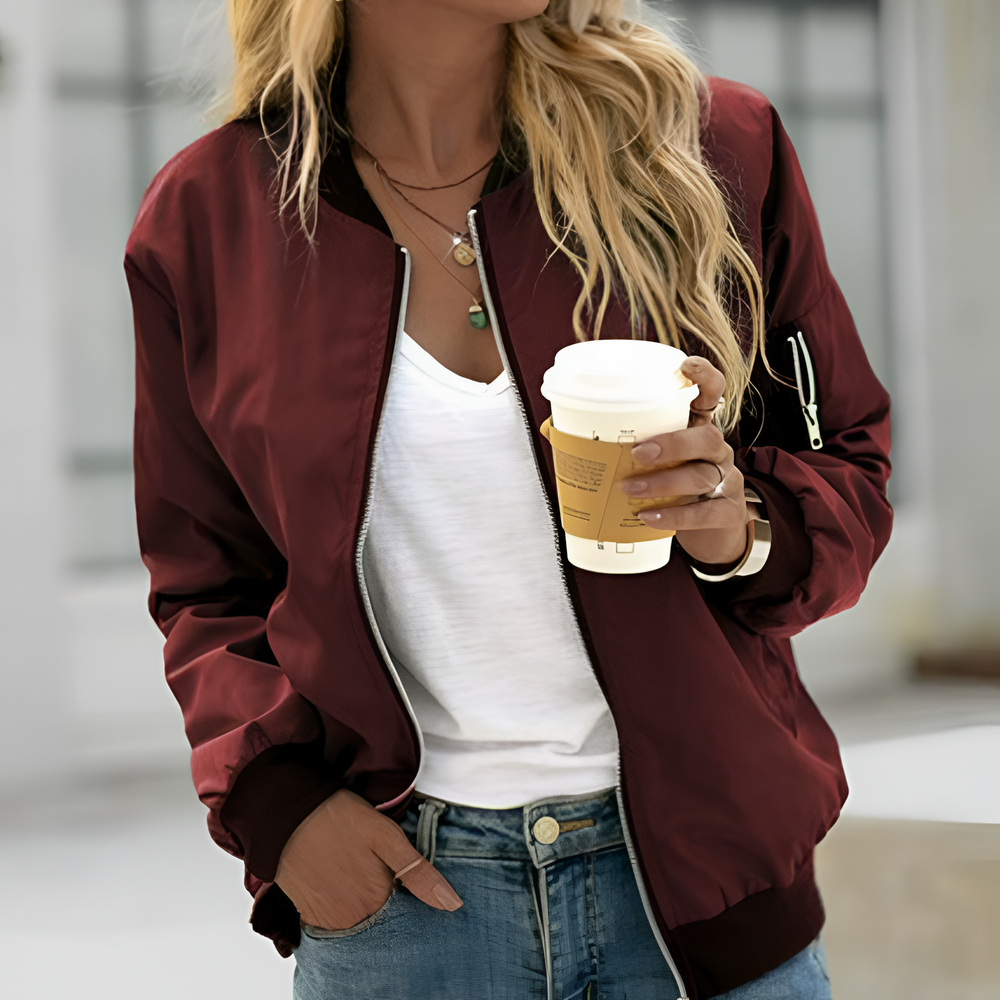 Women's Lightweight Zip Up Bomber Jacket - Casual Outerwear