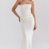 Women's Strapless Corset Bodice Draped Waist Maxi Dress - Special Occasion
