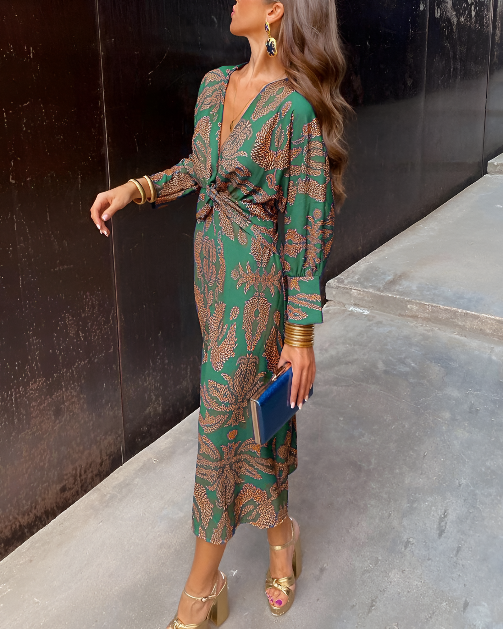 Women's Twisted Waist Long Sleeve Midi Dress - Wedding Guest