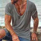 Men's Deep V-Neck T-Shirt Slub Texture Short Sleeve - Casual Wear