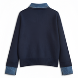 Women's Denim Panel Lapel Sweater - Casual Everyday Wear