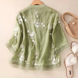 Women's Button-Down Blouse Floral Embroidery Sheer Trim - Casual Chic