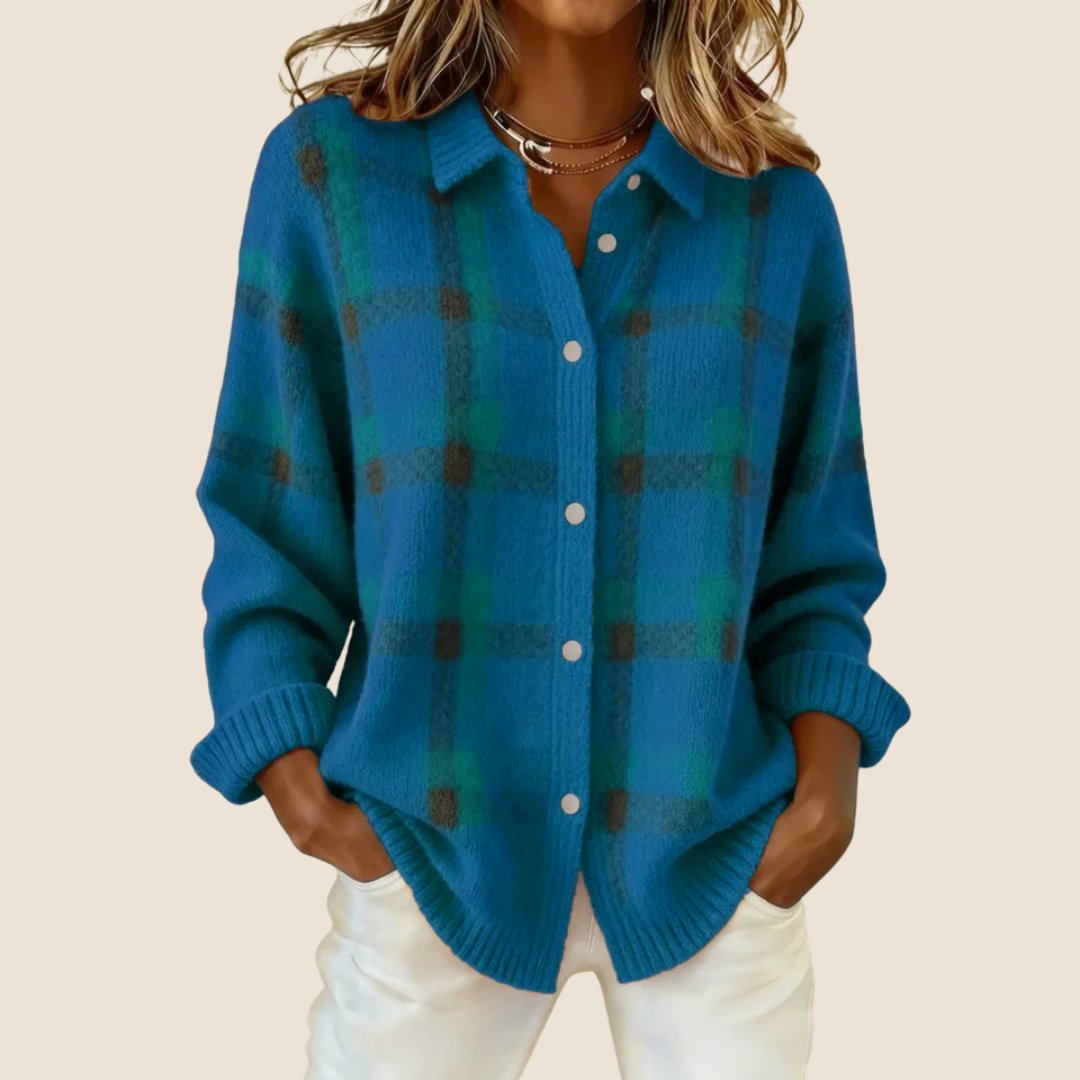Womens Button-Up Sweater Plaid Pattern Relaxed Fit - Casual Wear