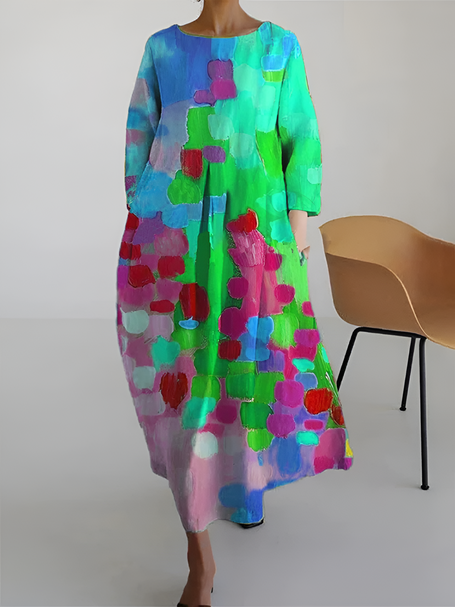 Women's Abstract Print Loose Maxi Dress - Casual Art Wear