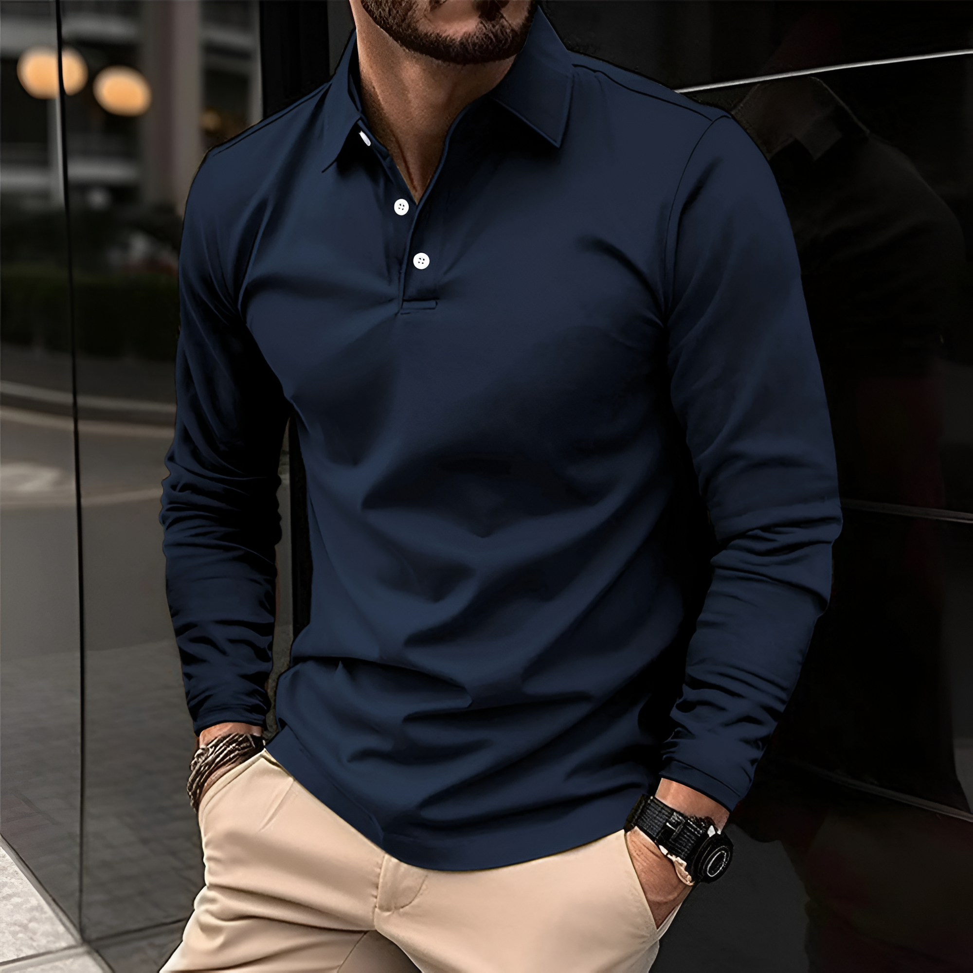 Men's Slim Fit Long Sleeve Polo Shirt - Casual Work Wear