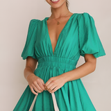 Women's V Neck Puff Sleeve Mini Dress - Party Wear
