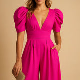 Women's Puff Sleeve Jumpsuit - Elegant Casual Wear