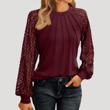 Womens Blouse Openwork Sleeves Pleated Front - Date Night