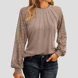 Womens Blouse Openwork Sleeves Pleated Front - Date Night