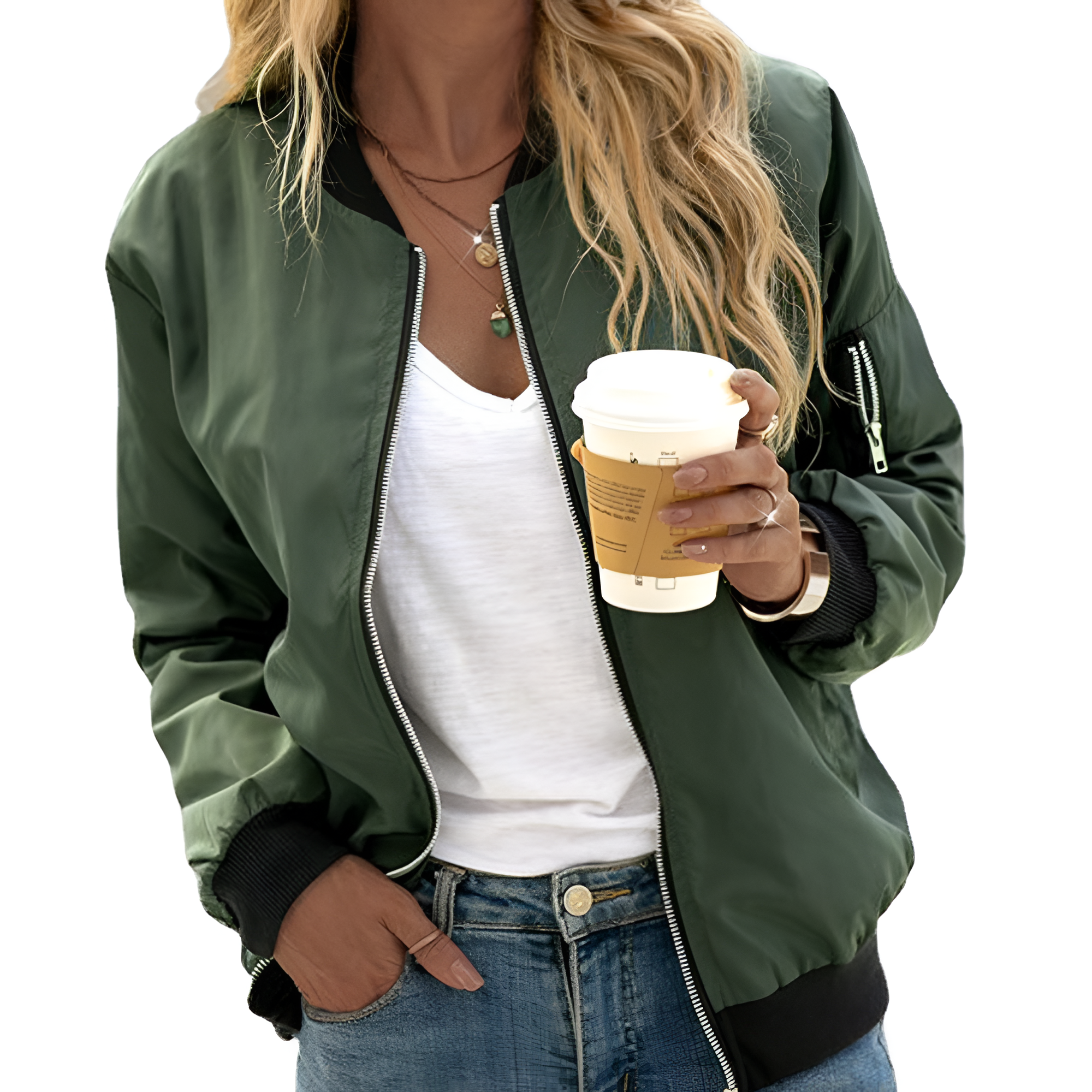 Women's Lightweight Zip Up Bomber Jacket - Casual Outerwear